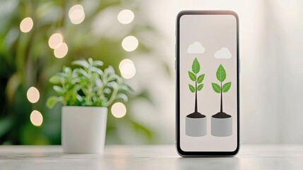 Smartphone displaying plant growth concept with greenery in the background.