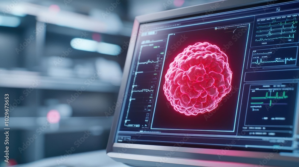 Poster high-tech monitor displaying a vibrant biological cell structure.