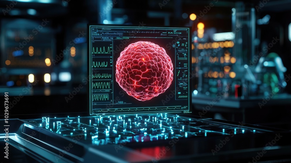 Leinwandbilder 3d molecular structure displayed on a futuristic computer screen.