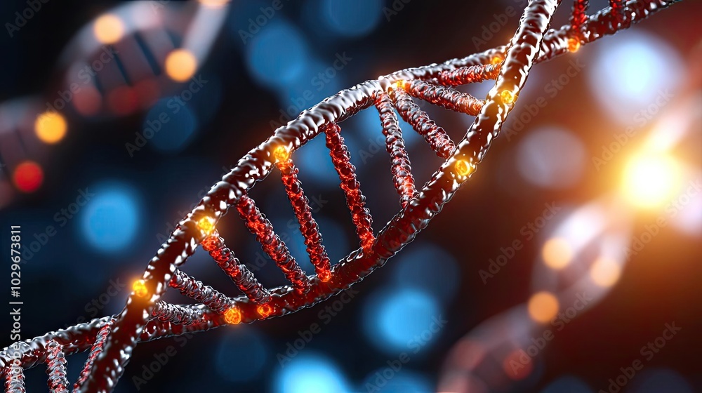 Poster close-up of a dna double helix structure with vibrant lighting.