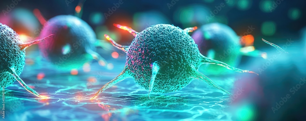 Poster colorful microscopic view of cells with glowing effects on dark background.