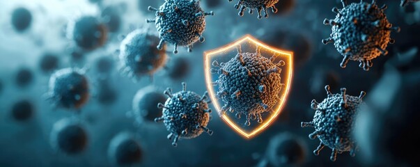 Digital illustration of viruses with a protective shield symbolizing defense.