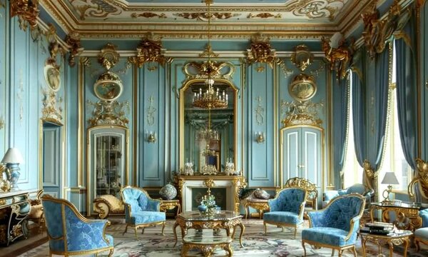 classic Rococo-style drawing room, where a blue and gold color scheme reigns supreme, adorning antique furnishings with elegance and grace