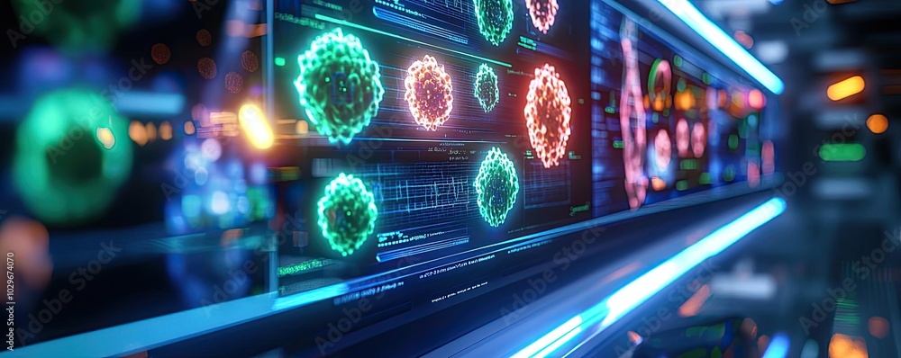 Aufkleber vibrant digital representation of cells and viruses on a sleek, futuristic interface.