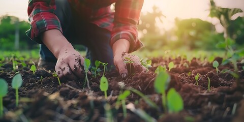 Fototapeta premium Close up of farmer hands planting seedlings in the garden
