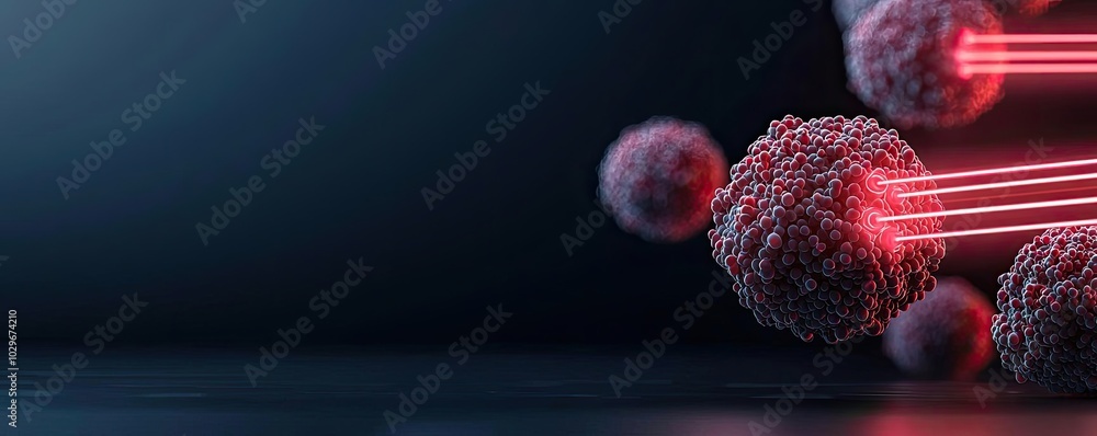 Poster stylized representation of cells interacting with laser technology.