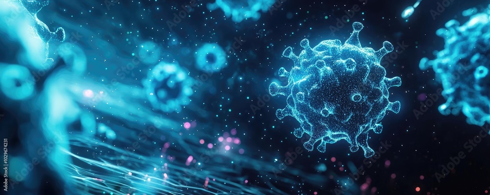 Poster microscopic view of viruses glowing in a dark, abstract background.