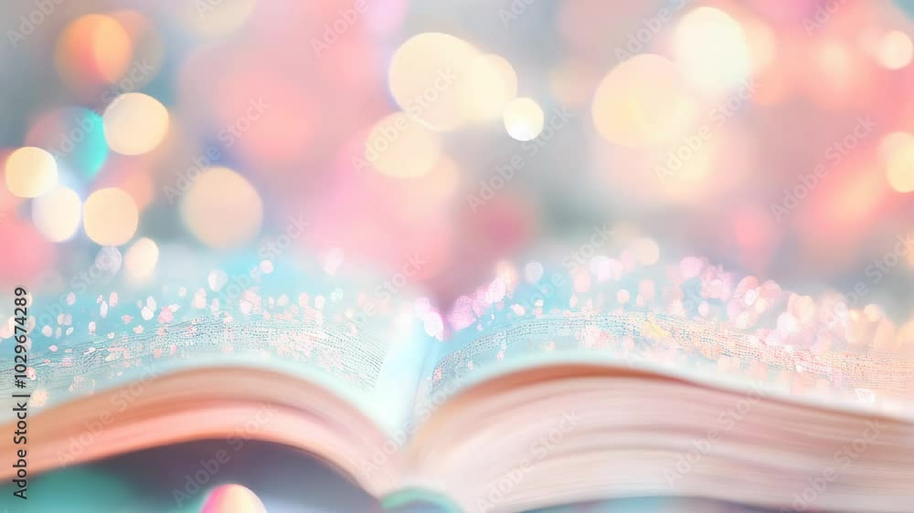 Aufkleber an enchanting open book glimmers with colorful bokeh lights, inviting readers into a realm of magic 