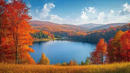 Fototapeta premium Vibrant Autumn Landscape with Calm Lake
