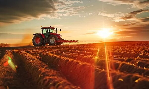 tractor plowing rice fields with sunset views