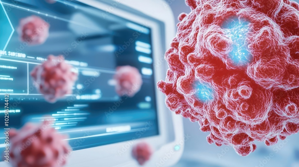 Poster Virus structure in front of computer screen, digital research concept.
