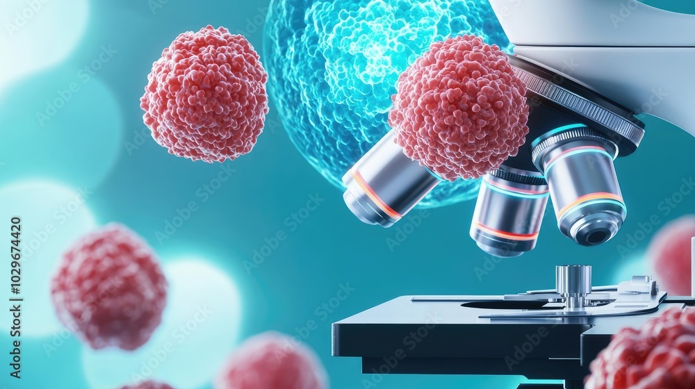 Poster close-up view of a microscope examining cells, with colorful biological elements.