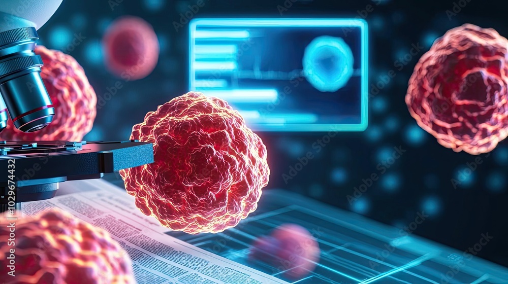 Poster Microscope observing microscopic organisms on a digital interface.