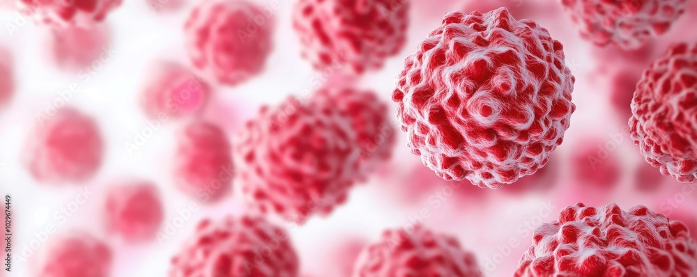 Poster Close-up of red virus cells on a white background, showcasing intricate structures.