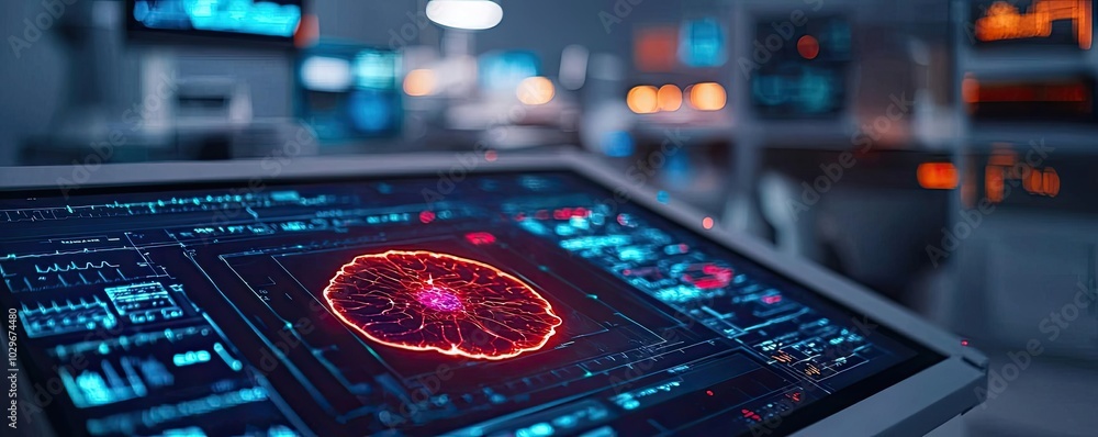 Aufkleber Futuristic data visualization on a touchscreen monitor in a lab environment.