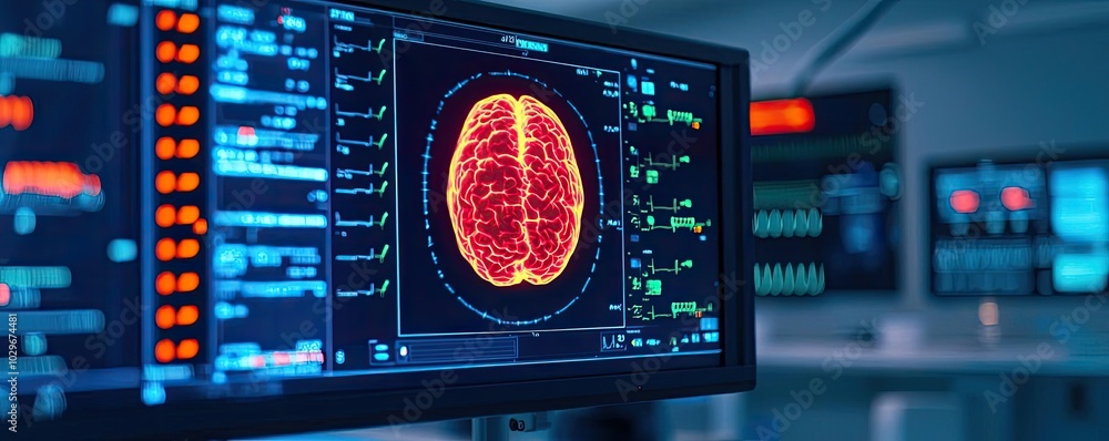 Aufkleber close-up of a brain scan displayed on a digital monitor in a medical setting.