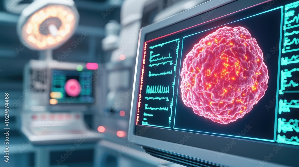 Aufkleber Futuristic lab with computer screens displaying cellular data and analysis.