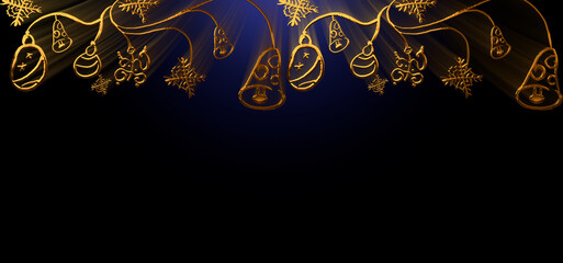 Golden christmas decoration is hanging on black background with copy space