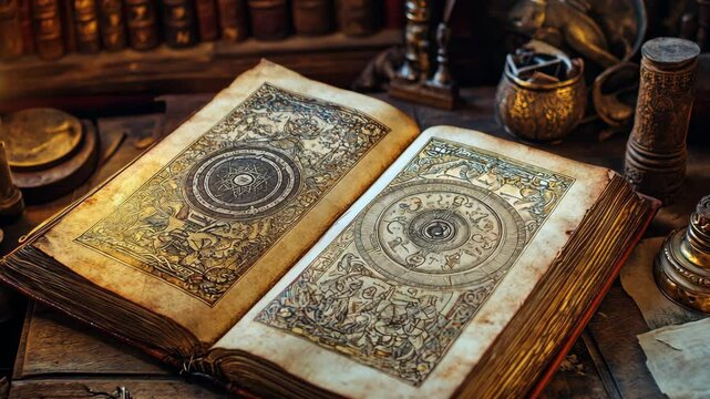An old, leather-bound book with intricate illustrations lies open on a wooden table, surrounded by antique writing tools