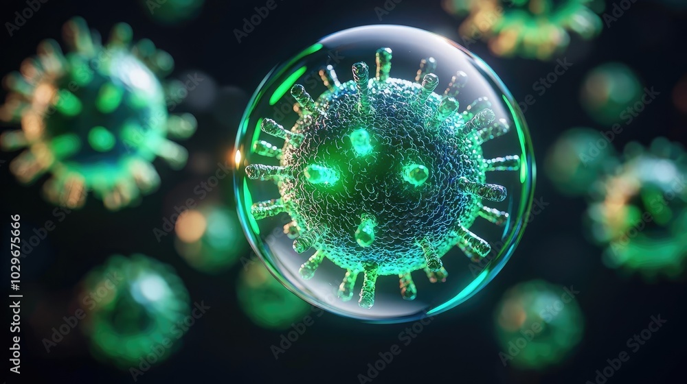 Poster green virus particles under a microscope on a dark background, white isolate background.