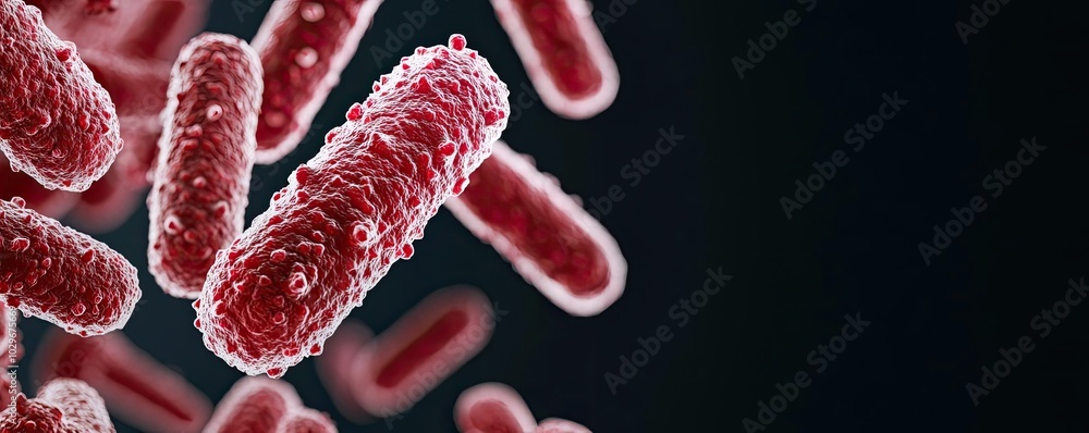 Poster microscopic view of bacteria on a dark background, isolated for study.