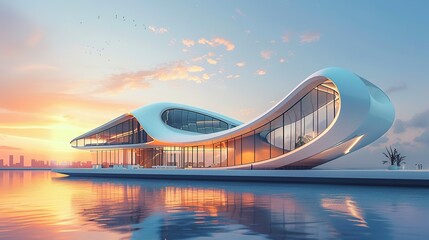 Futuristic Modern House Overlooking City Skyline at Sunset