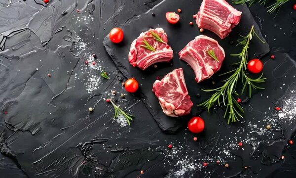 Fresh Raw Beef Steaks with Spices on Dark Background: High-Quality Culinary Photography