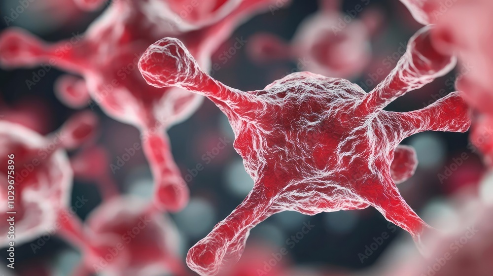 Poster 3d visualization of red cells on a dark background, intricate biological structure.