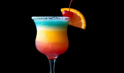 A glass of a layered rainbow summer cocktail adorned with a cherry and a slice of red orange, Generative AI