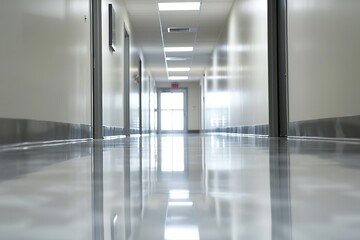 Empty corridor in modern hospital. Blurred background