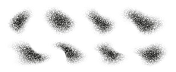Fluid halftone shapes, abstract liquid stipple forms, black splatter shadows isolated on white. Vector design element.