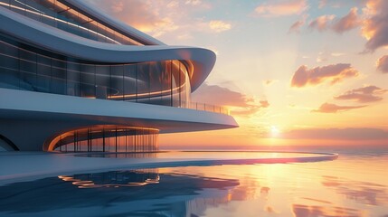 Fototapeta premium Modern Architecture with Infinity Pool Overlooking a Sunset