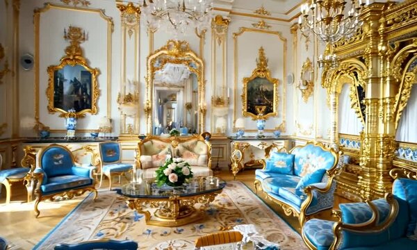 An elegant Rococo-inspired living room featuring a blue and gold color scheme with antique furniture. The luxurious palace interior is captured in stunning 4K HD wallpaper