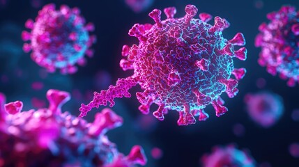 Detailed 3D illustration of a virus, glowing against a dark blue background.