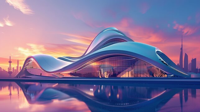 Futuristic Building Reflecting in Water at Sunset