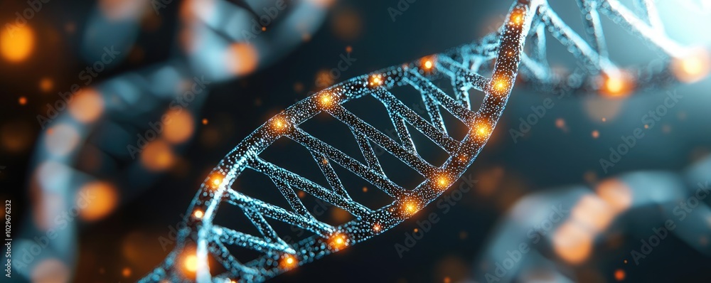 Aufkleber dna double helix structure with glowing elements, dark blurred background.