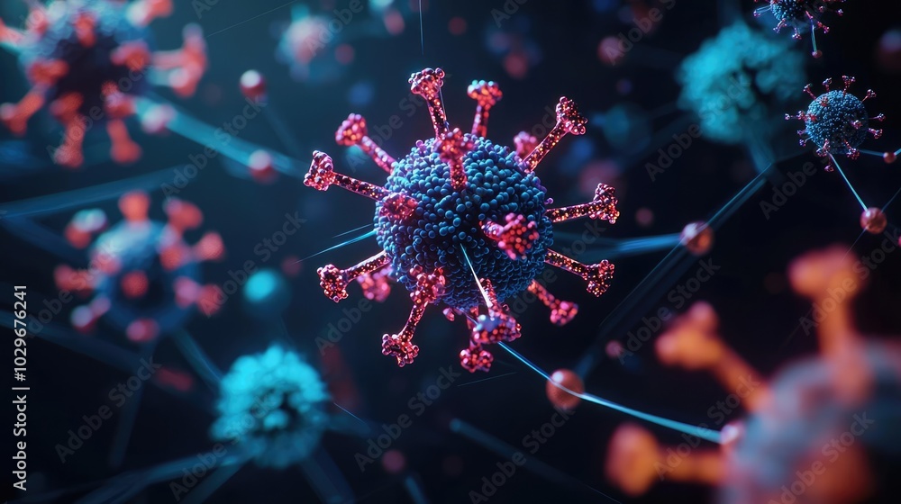 Poster microscopic view of virus particles on a dark background.