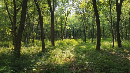 Vibrant Green Forest with Sunlight Through Trees