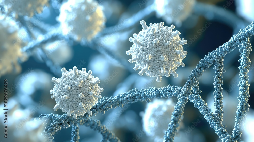 Poster Close-up view of DNA structure with spherical cells, abstract concept of genetics.