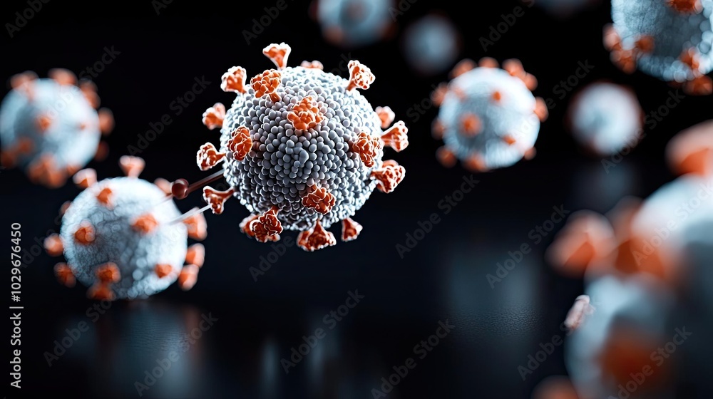 Poster 3D rendering of a virus particle on a black background.