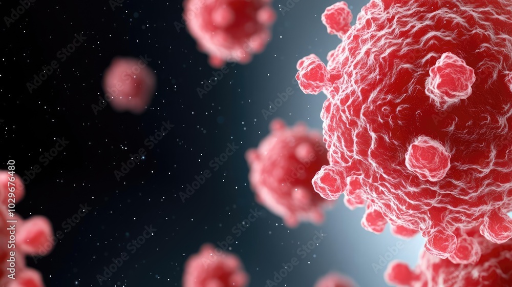 Poster Red virus particles in a microscopic view, floating in a dark background.