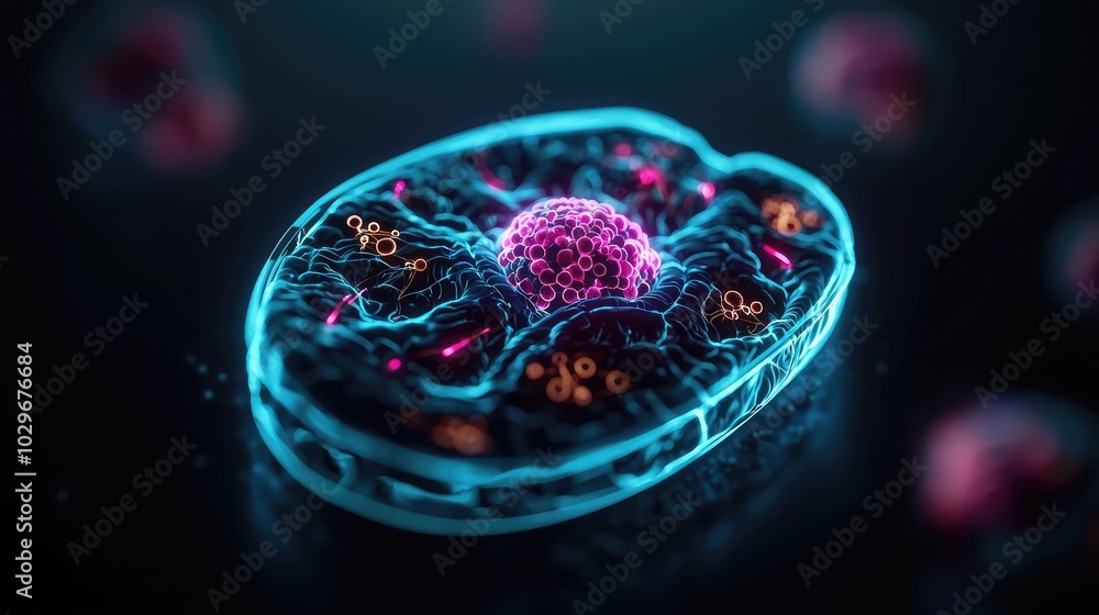 Poster Illuminated cell structure with vibrant colors on a dark background.