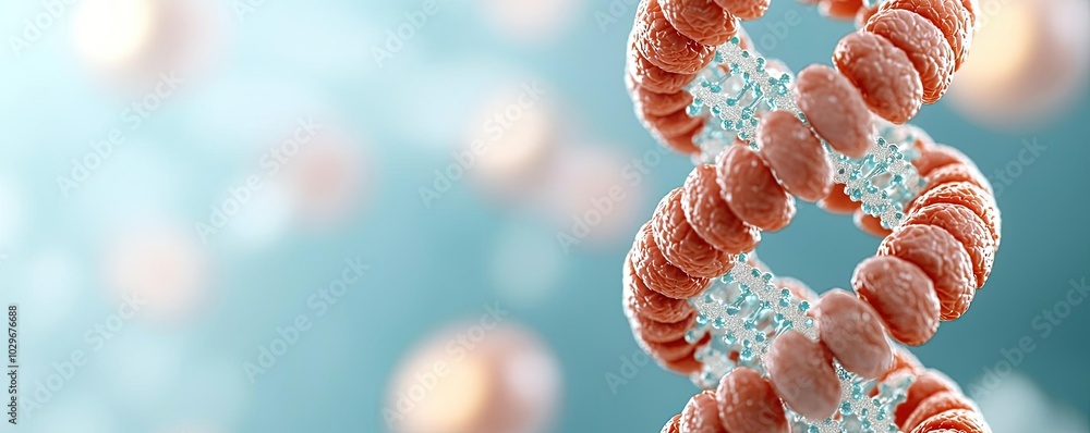 Poster Close-up of a DNA double helix structure on a soft blue background.