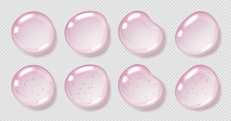 Pink serum drops, transparent gel droplets, realistic glossy liquid, moisturizing cosmetic product, hyaluronic acid concept. Vector illustration.