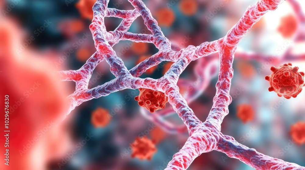 Poster microscopic view of virus structures and cells, colorful abstract representation.