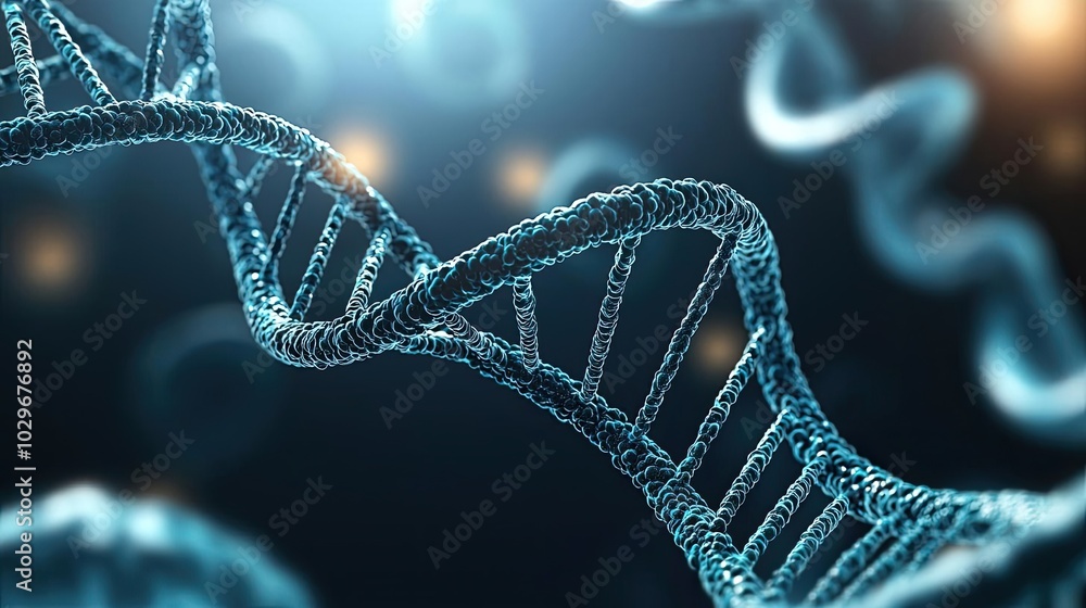 Poster abstract dna strand with glowing elements against a dark background.