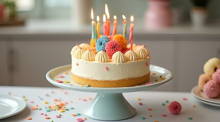 Birthday cake with colorful decoration, celebrate anniversary dessert colourful festive decor of sweet icing muffin frosting pink cupcake cream with flame candle party.