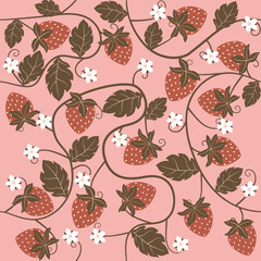 Floral pattern with white flowers and strawberries on a pink solid background, printable illustration