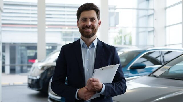 Caucasian man looking at camera salesman seller consultant dealer car agent auto salon adviser automobile dealership male smiling professional manager showroom portrait happy guy mature help choose