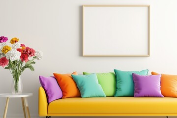 A bright, modern living room featuring a yellow sofa with colorful pillows and a floral arrangement next to a blank wall for artwork.